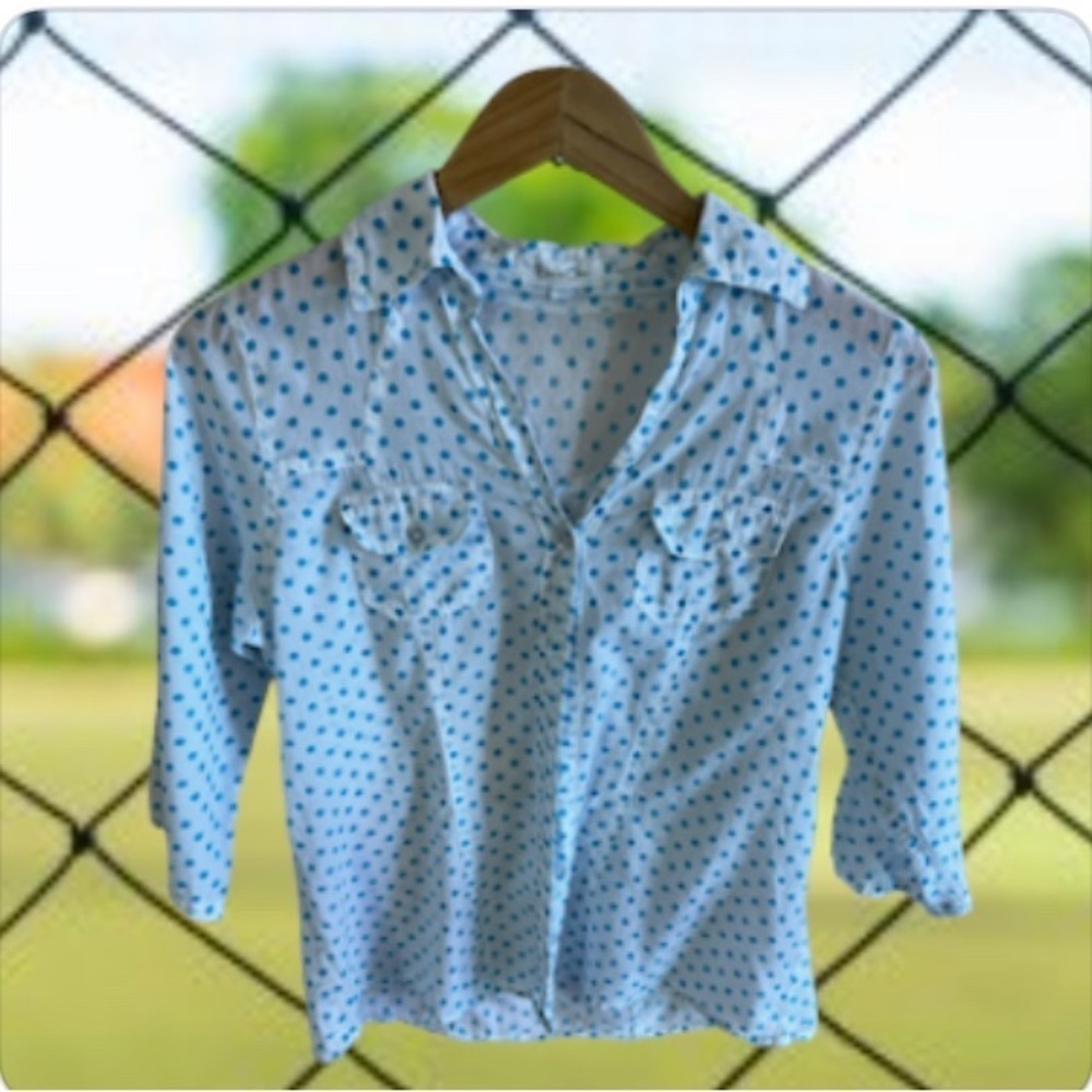 Eden Olivia Womens Flannel Shirt Size M White Polka Dots 3/4 Sleeve Button Up